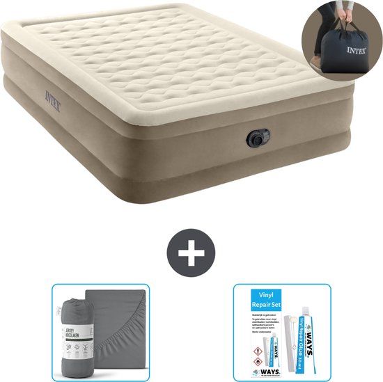 Intex Luchtbedset - 2-Persoons - 152 x 203 x 46 cm - Beige - Met Ingebouwde pomp + Hoeslaken + Reparatieset