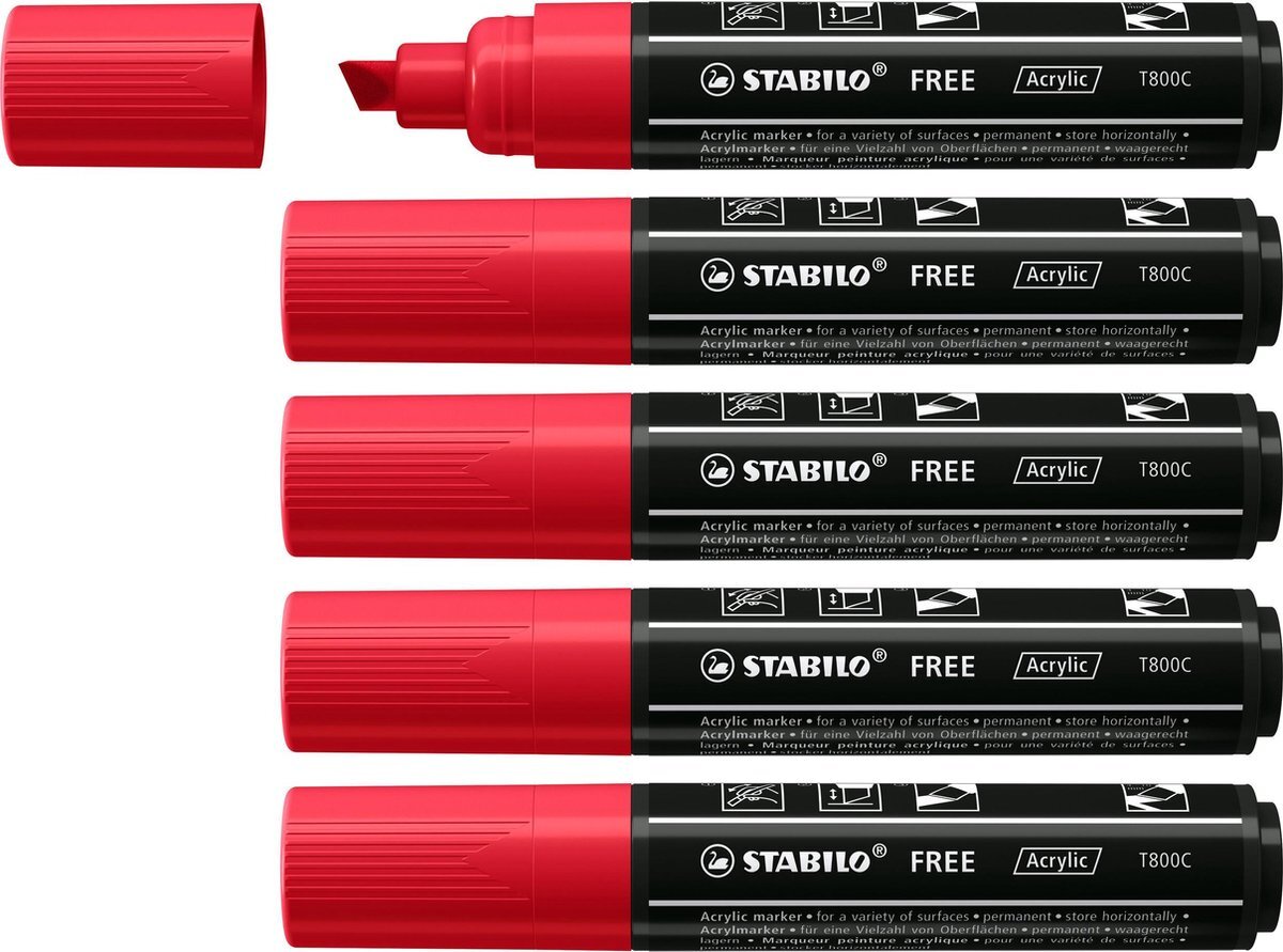 Stabilo FREE - Acryl Marker - T800C - Schuine Punt - 4-10 mm - Karmijn Rood - Doos 5 stuks