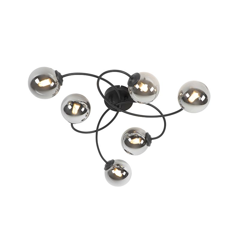 QAZQA Athens Plafondlamp - Zwart - Smoke Glas - 6-lichts