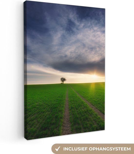 OneMillionCanvasses Canvas schilderij - Landschap met boom en zonsondergang - 90x140 cm