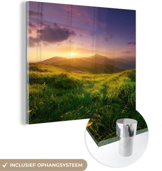MuchoWow® Glasschilderij 20x20 cm - Acrylglas Schilderij - Bergen - Zon - Natuur - Multicolor - Vierkant