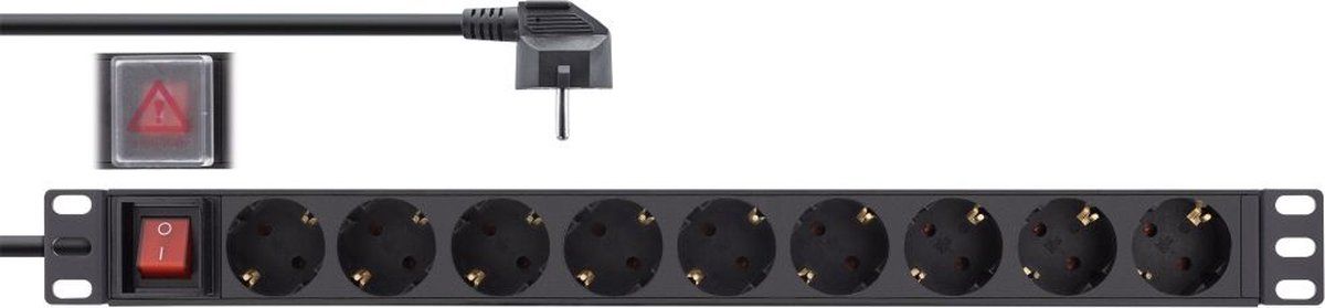 Inline 19'' stekkerdoos - 9x CEE 7/3 - met schakelaar - 2 meter