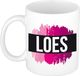 Bellatio Decorations Loes naam cadeau koffie mok - beker - met roze verfstrepen - Cadeau collega - moederdag - verjaardag - juf - coach - 300 ml - wit