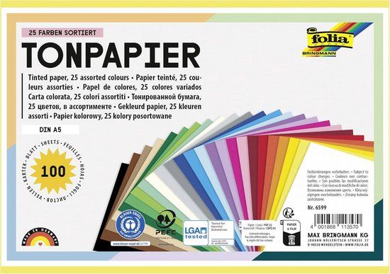 Merkloos Folia Gekleurd Papier A5 130 g/m² in 25 Verschillende Kleuren voor Knutselen