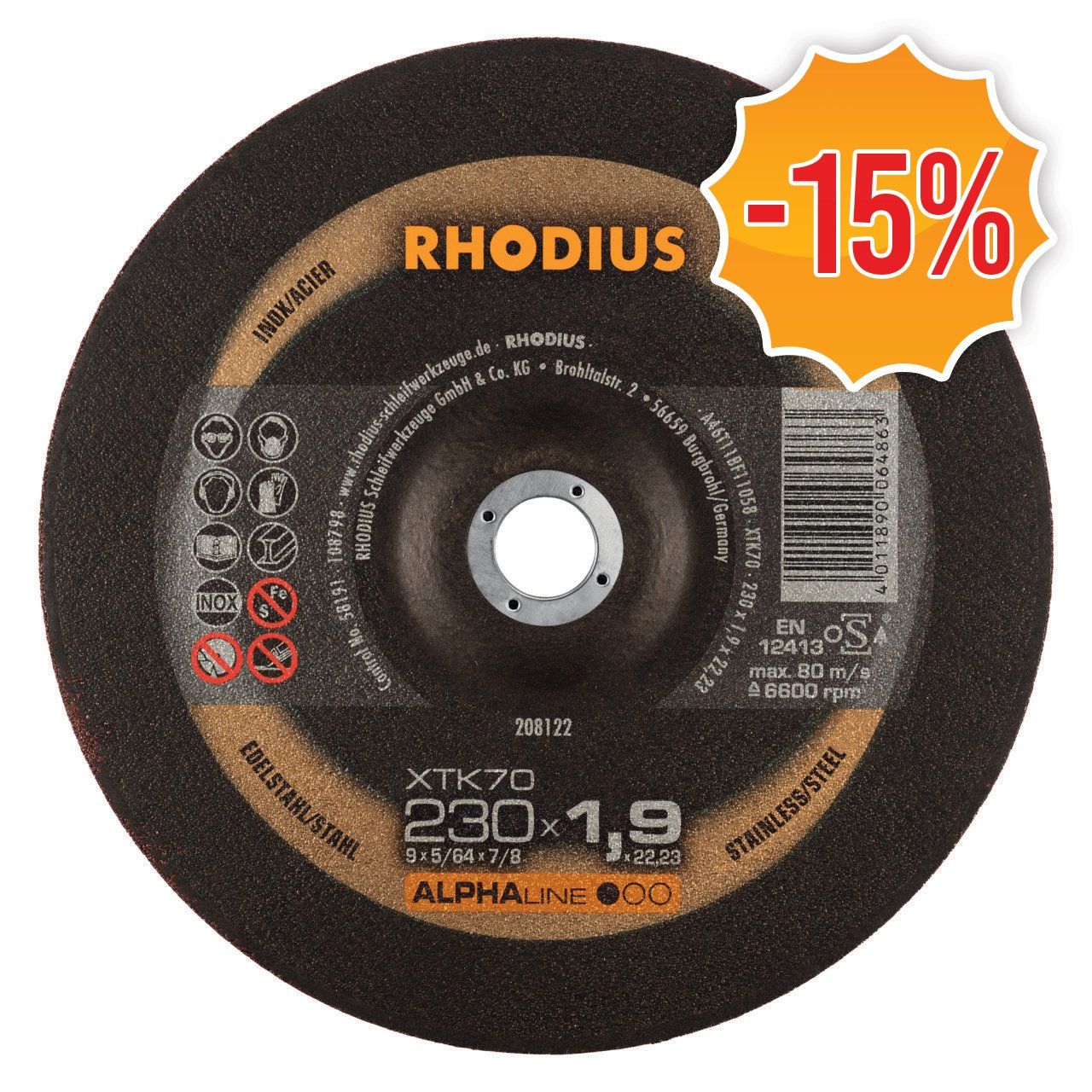 Rhodius ALPHAline I XTK70/208122 Doorslijpschijf - Extra dun - 230 x 22,23 x 1,9mm - RVS/Staal (25st)