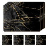 Moderry Set van 4 hittebestendige placemats van kurk voor eettafel met gratis set van 4 bijpassende onderzetters met marmerontwerp 40 x 30 cm harde placemats met kurkrug (zwart en goud)