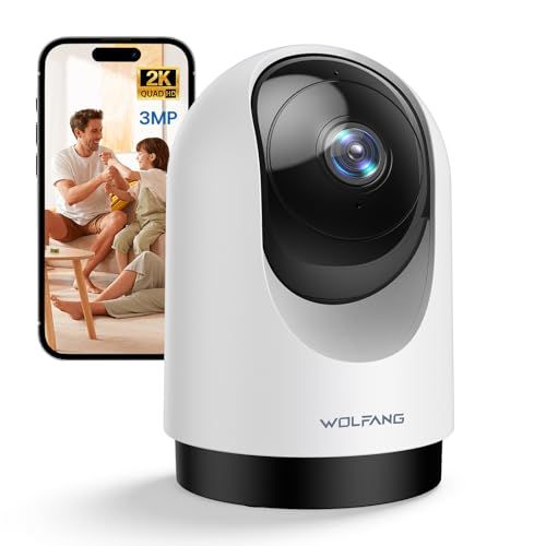 WOLFANG 2K bewakingscamera binnen, WiFi-camera 3MP, huisdier-hondencamera, babyfoon met bewegingsdetectie, 360 ° rotatie, nachtzicht, 2-weg audio, wolk/sd, werkt alleen met Alexa, 2,4 GHz