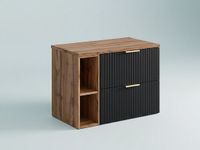 Vente-unique Geribbeld zwevend meubel onder wastafel met nissen - Zwart en licht naturel - L80 cm - ZEVARA