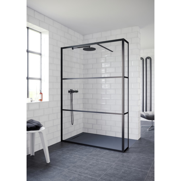 RIHO Grid inloopdouche 140x200cm met 30cm zijwand zwart profiel en helder glas G004040121