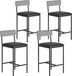 Ensemble de tabourets de bar, 4 pièces - Hauts tabourets de cuisine - Assise rembourrée avec dossier et repose-pieds - Similicuir et tissu - Cadre tressé - Gris