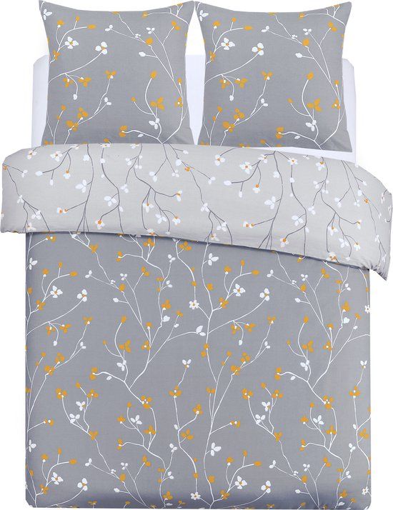 Vision Freya Dekbedovertrek - 260x240cm - Katoen - Grijs/Wit/Oranje - Gebloemd