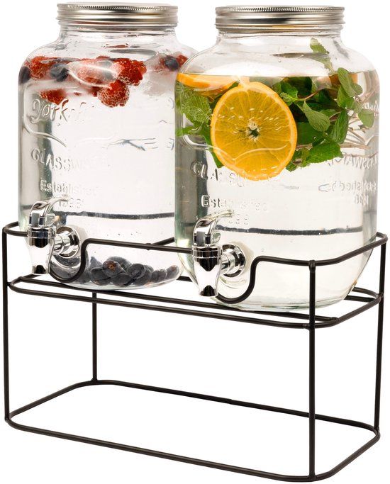 Cookinglife Dubbele Drankdispenser met kraantje en standaard - 8 Liter (2x 4L) - Glas - Limonadetap / Watertap - Zwart