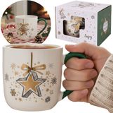 VICREG SPÓŁKA Z OGRANICZONĄ ODPOWIEDZIALNOŚCIĄ Blanc, Tasse de Noël en porcelaine avec anse et motif étoile – Emballé dans un coffret cadeau 320 ml