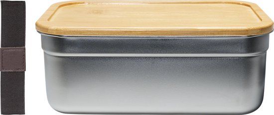 Krumble Broodtrommel - Lunchbox - Brooddoos - Broodtrommel kinderen en volwassenen - Lunchtrommel - Broodtrommels - Met elastiek en losse deksel - Rechthoekig - RVS en bamboe - Zilver en Bruin
