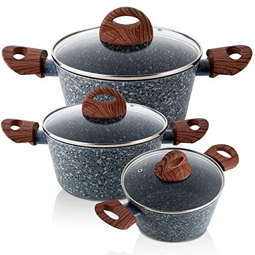 FLORINA Granite kookgerei set voor inductie, 20-24-28 cm, aluminium, 3 hoge potten, glazen deksel, ecologisch, anti-aanbaklaag, zonder PFOA, handgrepen van hout, glaskeramiek, gas