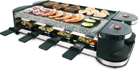 Korona 45071 - 2-in-1 Raclette Gourmetstel - 8 Pannetjes & Spatels - Antiaanbak-Grillplaten - Natuursteenplaat
