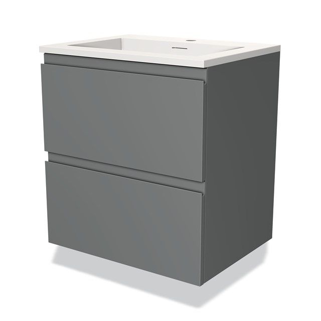 Maxaro Badkamermeubel 60cm Modulo Middengrijs 2 Lades Greeploos Wastafel Solid Surface