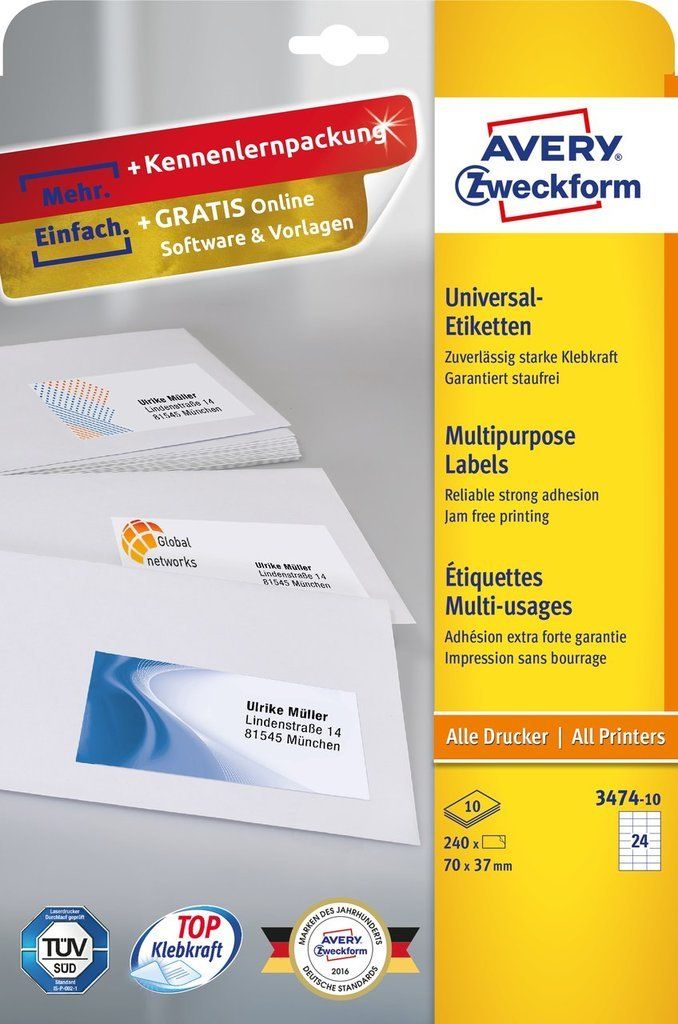 Avery 3474-10 Etiketten Wit Papier Rechthoekig 70x37mm
