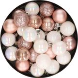 Merkloos / Sans marque Decoris Mini kerstballen - 28x - parelmoer wit en lichtroze - D3cm - kunststof