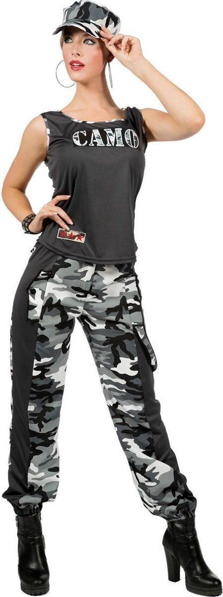 Wilbers Soldaat Camouflage Kostuum Vrouw Grijs - Maat 38 - Polyester