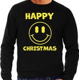 Bellatio Decorations Pull de Noël moche pour hommes - Happy Christmas - noir - jaune pailleté - Smile / Emoticon L