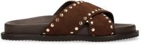 Sacha Dames Bruine suède slippers met goudkleurige studs Maat 38
