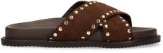 Sacha Dames Bruine suède slippers met goudkleurige studs Maat 38