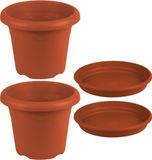 Hega hogar 8x stuks ronde plantenpotten terra cotta met opvangschaal met diameter 20 cm - Kunststof - Buiten gebruik