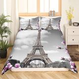 Ensemble de literie pour lit double, avec une image de la Tour Eiffel, fleurs violettes, 3 pièces