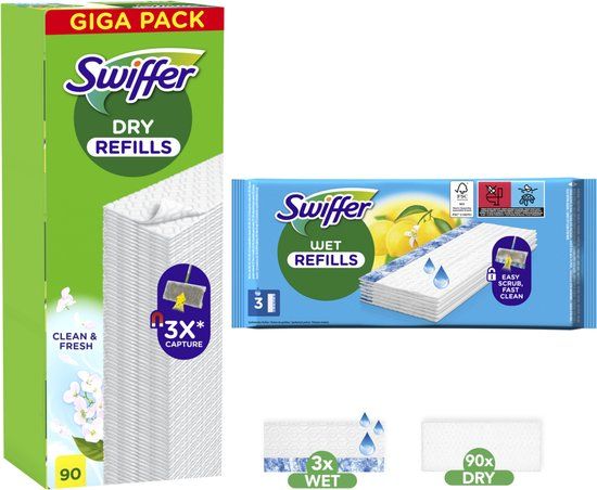Swiffer Vloerreiniger Droge Doekjes 90 stuks + Vochtige Doekjes 3 stuks
