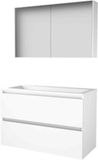 Basic Line Comfort 46 Badkamermeubelset - 100 x 46 cm - Greeploos - 2 Lades - Acryl Wastafel - 2 Kraangaten - Spiegelkast - Ice White