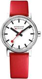 Mondaine MSE.35110.LC Evo II Dames Horloge - Stationsklok - Saffierglas - Roestvrijstaal/Leer - Zilver/Rood - Ø 35 mm - Quartz - 3 ATM (spatwater)