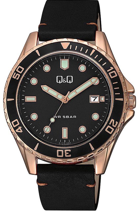 Q&Q A172J112Y Men's Watch - Black Dial, Rose Gold Case, Leather Strap