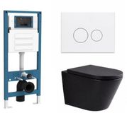 QeramiQ Dely Toiletset - inbouwreservoir Qeramiq Flush - 35mm zitting - metaal mat witte bedieningsplaat - ronde knoppen - mat zwart