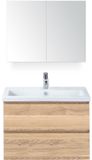 BES LED Vogue Badmeubelset 80 cm - Greeplijst in Kleur - Grey Oak - Keramische Wastafel Wit 1 Kraangat met Spiegelkast