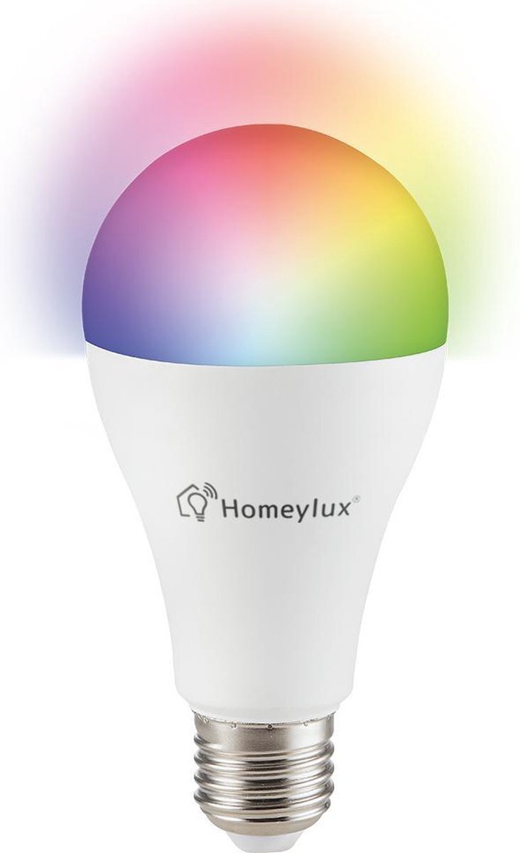 Homeylux - E27 smart lamp - LED - Besturing via app - WiFi - Bluetooth - Dimbaar - Slimme verlichting - A65 - 14 Watt - 1400 lumen - 230V - 2700-6000K - RGBWW - 16.5 miljoen kleuren - Grote fitting - Compatibel met Google home en Amazon Alexa
