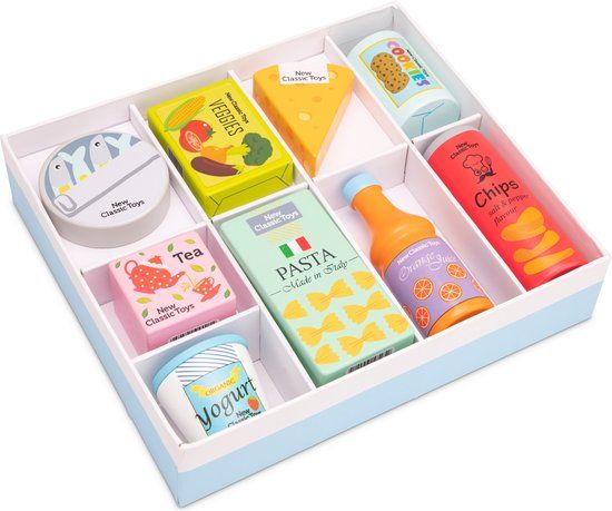 New Classic Toys Wooden Grocery Set - 9 Pieces - Food Set for Play Kitchen and Play Store - FSC