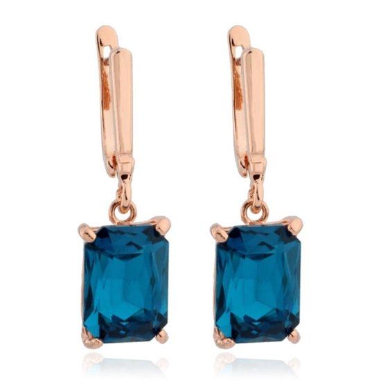 Deja Jewels Oorbellen met Hangers - Dames, Rosegoudkleurige Afwerking, Rechthoekige Blauwe Glassteen
