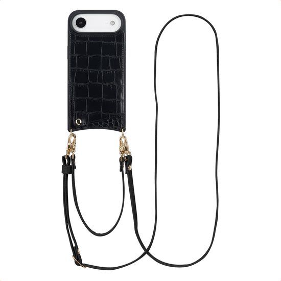 Selencia Hoesje - Geschikt voor Apple iPhone 17 Air - Croco Backcover met koord en pashouder - Zwart