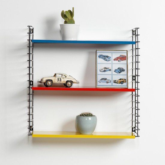 Tomado Wandrek - 70x21x68cm - Zwart, Blauw, Geel & Rood - Boekenrek - Metaal & Beukenhout