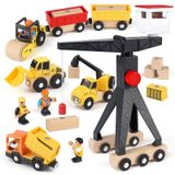 Ensemble de véhicules de chantier : grue à tour, excavatrice/benne basculante, camion benne/rouleau compresseur, 3 figurines, blocs en bois, véhicules jouets