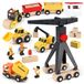 Ensemble de véhicules de chantier : grue à tour, excavatrice/benne basculante, camion benne/rouleau compresseur, 3 figurines, blocs en bois, véhicules jouets