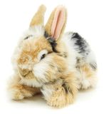 Uni-Toys - Leeuwenkop-konijntje met opgezette oren, liggend - zwart-bruin-wit gespannen - 23 cm (hoogte) - pluche haas - pluche dier, knuffeldier