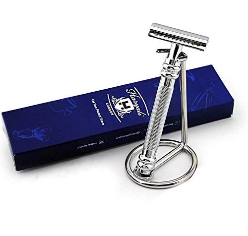 Haryali London Retro roestvrij staal DE Safety Razor & roestvrij stalen standaard (geen messen inbegrepen) - een tijdloze klassieke must-have perfect voor nat scheren - geweldig als cadeau voor hem deze kerst