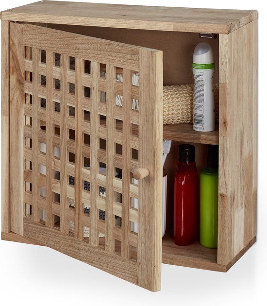 Hangende badkamerkast - 2 vakken - met deur - hout - lichtbruin - 42 x 42 x 18 cm