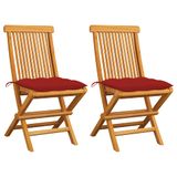 vidaXL Fauteuils pliants avec coussins rouges, 2 pièces, teck massif
