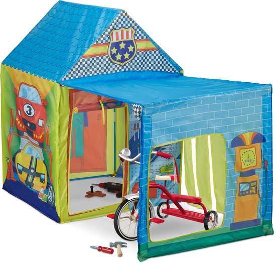 Relaxdays speeltent garage - kindertent autogarage - tent kinderkamer - met afdak