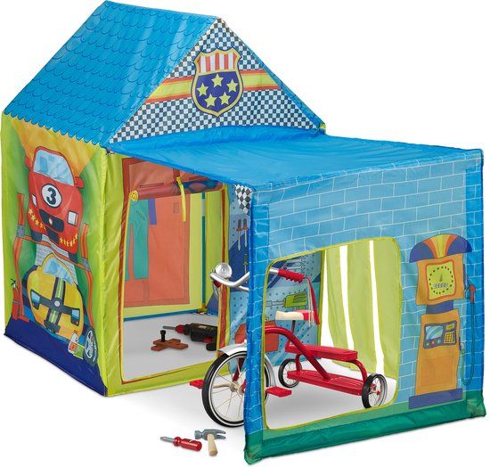 Relaxdays Speeltent Garage - Kindertent Autogarage - Blauw/Geel/Groen - 3+ Jaar