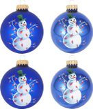 Krebs Kerstballen - 4x st - blauw - sneeuwpop - D7 cm - glas