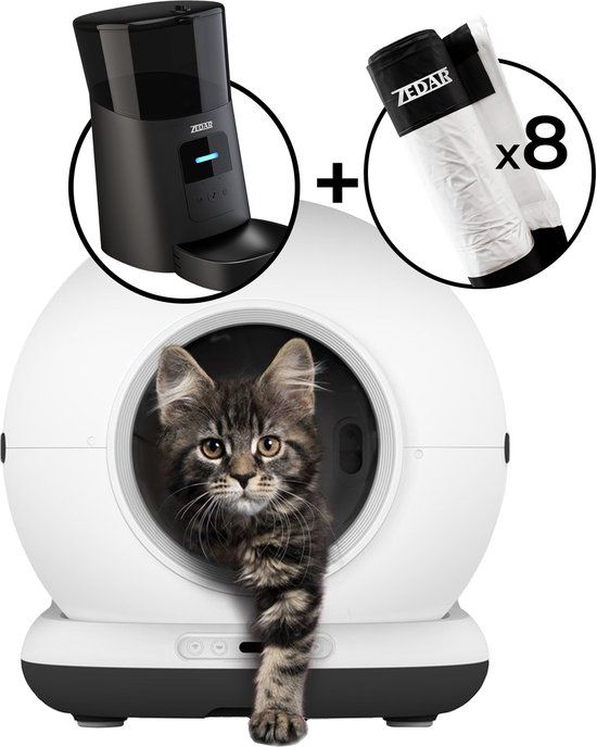 Zedar Automatische Kattenbak - Zelfreinigende Kattenbak - Met kattenbakmat, 8 rollen opvangzakjes en Zedar A600 voerautomaat